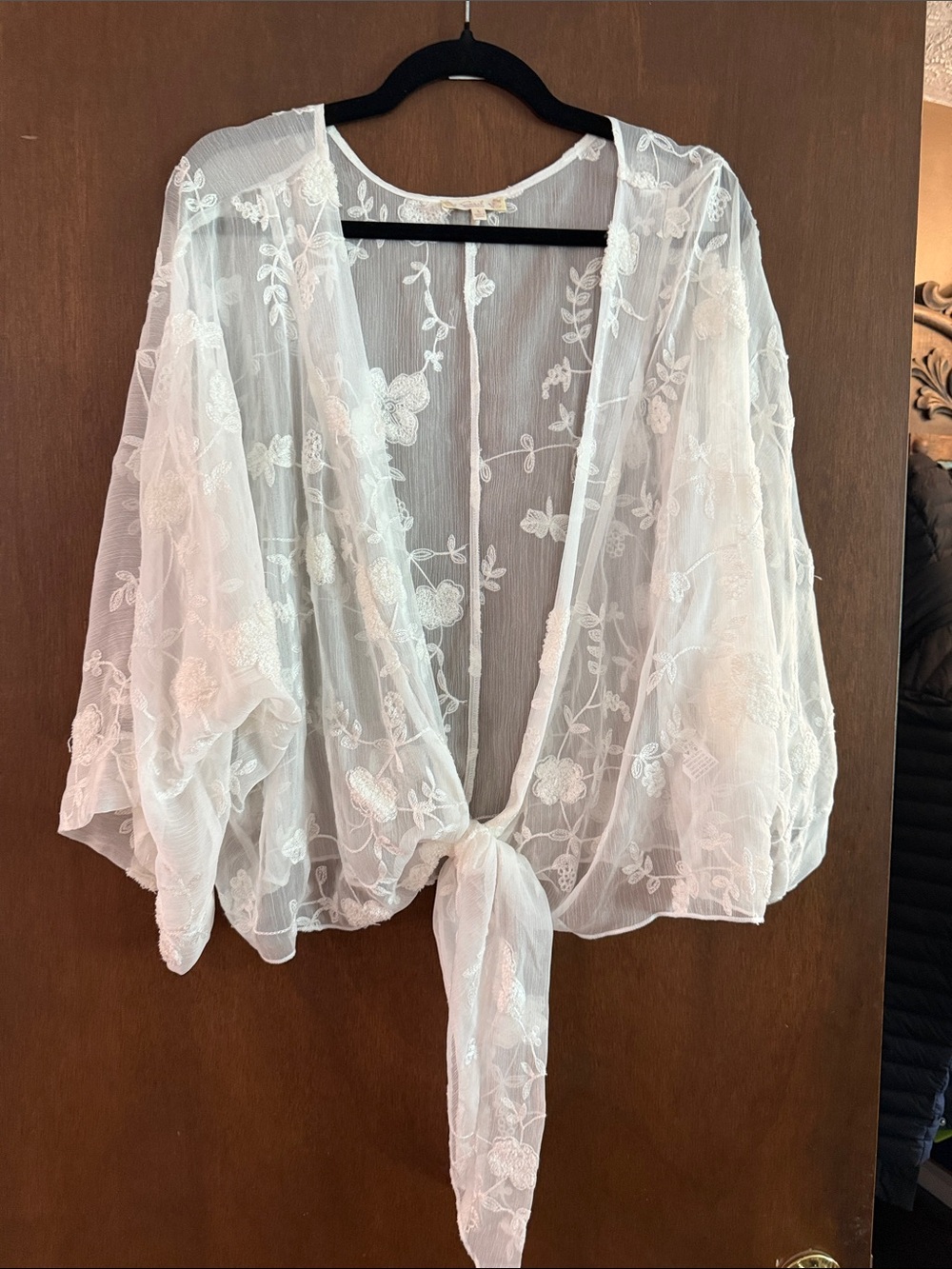 easel Sheer White Floral Embroidered Tie-Front Robe